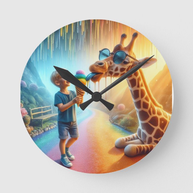 Junge mit Giraffe  Runde Wanduhr (Vorderseite)