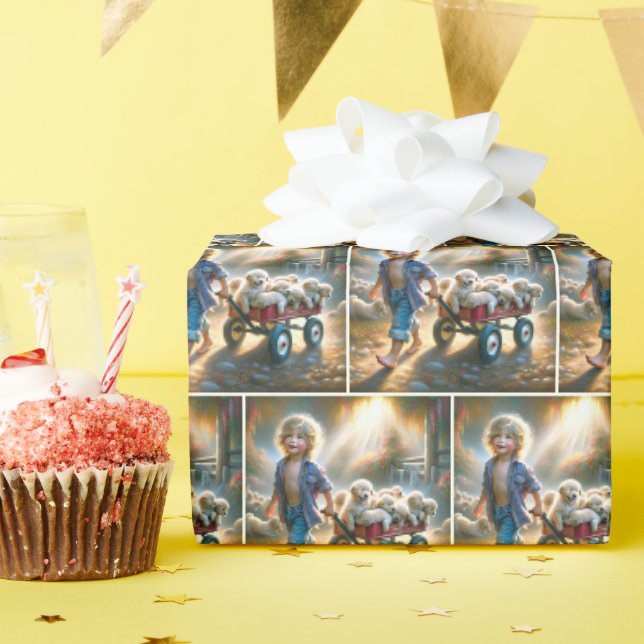 Junge mit goldene, zurückziehende Welpen im Wagen Geschenkpapier (Geburtstagsparty)