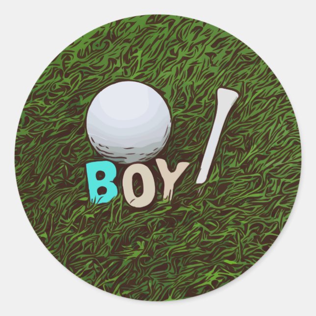 Junge mit Golfball und Abschlag auf Grasaufkleber Runder Aufkleber (Vorderseite)