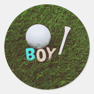Junge mit Golfball und Tee auf Grasaufkleber Runder Aufkleber