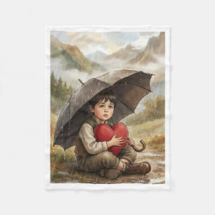 Junge mit Regenschirm und rotem Herz Kuschel-Fleec Fleecedecke