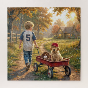 Junge mit rotem Wagen und Golden Retriever-Welpe