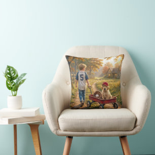 Junge mit rotem Wagen und Golden Retriever-Welpe Kissen