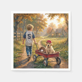 Junge mit rotem Wagen und Golden Retriever-Welpe Serviette