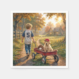 Junge mit rotem Wagen und Golden Retriever-Welpe Serviette