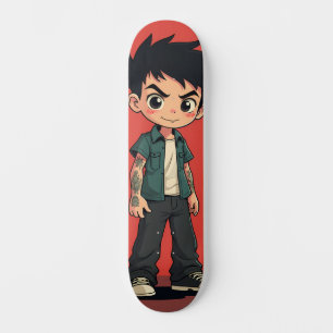 Junge mit Tattoos wie Cartoon Skateboard