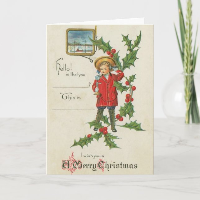 Junge mit Telefonweihnachtskarte Feiertagskarte (Vorderseite)