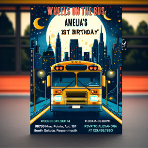 Junge Niedliche Girl Tour City Party Bus 1. Geburt Einladung