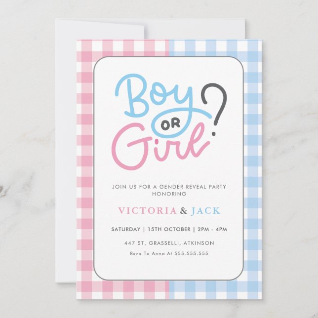 Junge oder Girl Gingham Classic Gender-Enthüllung Einladung (Vorderseite)