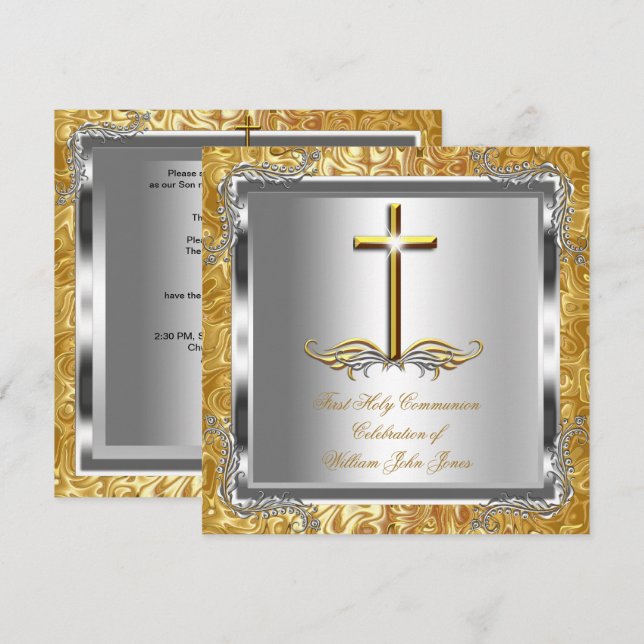 Junge oder Mädchen Erste 1. Heilige Kommunion Gold Einladung (Vorne/Hinten)