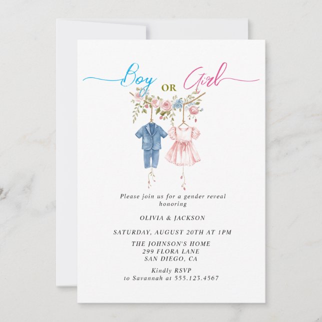 Junge oder Mädchen Kleidung Gender Reveal Party Einladung (Vorderseite)