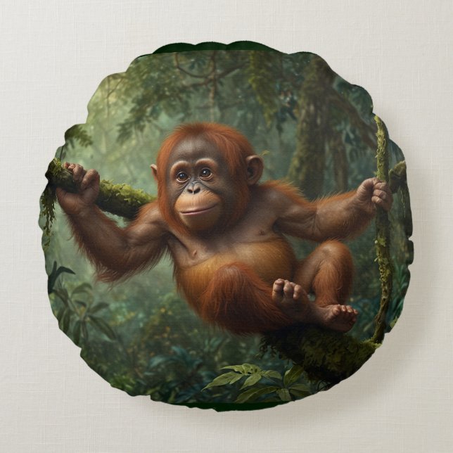 Junge Orangutan in einem Regenwald Rundes Kissen (Vorderseite)