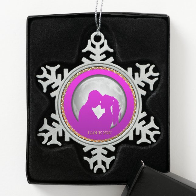 Junge Paare rosa Silhouette küsst sich gegenseitig Schneeflocken Zinn-Ornament (Box)