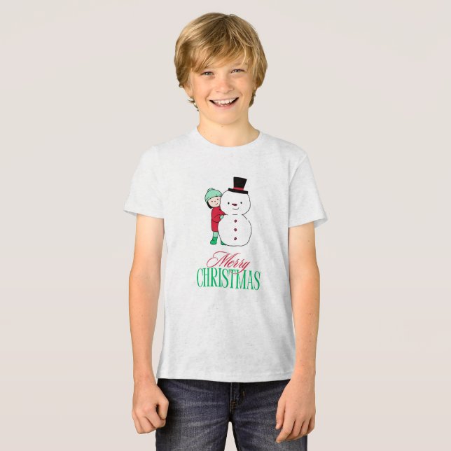 Junge pinkelt um Schneemann Tri-Blend Shirt (Vorderseite voll)