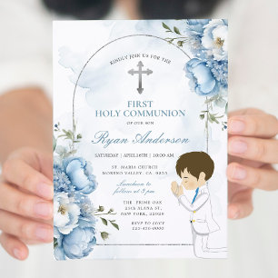 Junge Pracht Erste Heilige Kommunion Dusty Blue Fl Einladung