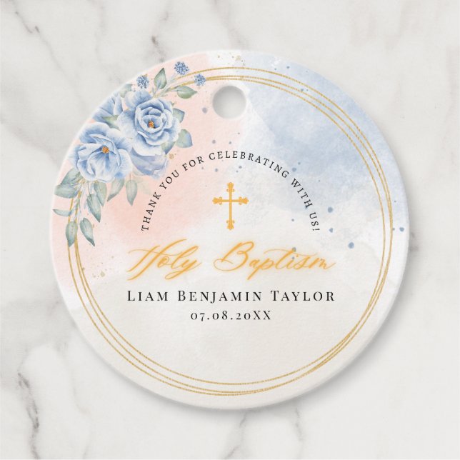Junge religiöse Taufe florale Aquarell Moderne Geschenkanhänger (Vorderseite)