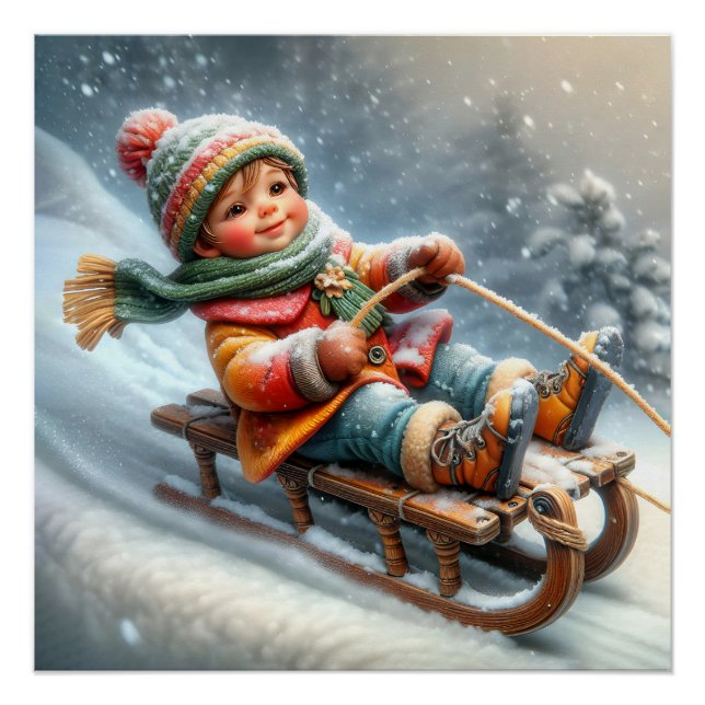 Junge Rodelbahn auf den Hügel Poster (Vorderseite)