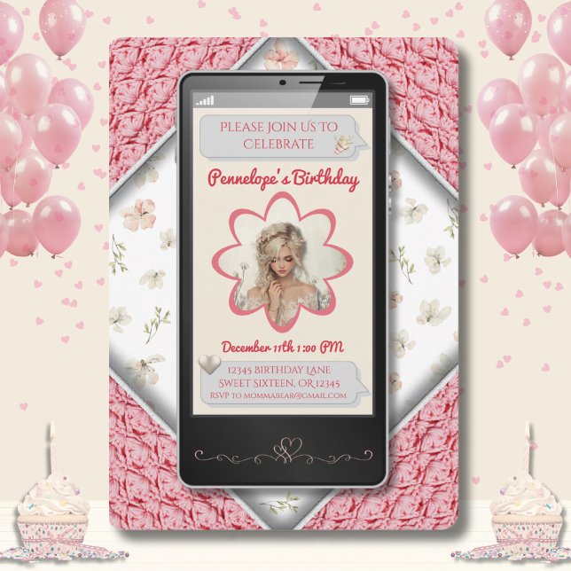 Junge rosa Floral Text Nachricht Geburtstag Einladung (Youthful Pink Floral Text Message Birthday Invitation)