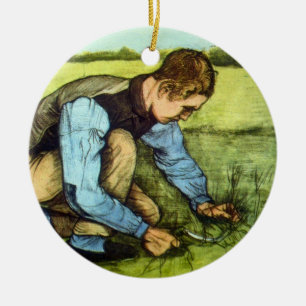 Junge schneidet Gras mit Sichel von Vincent van Go Keramikornament