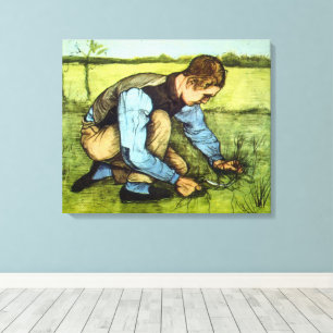 Junge schneidet Gras mit Sichel von Vincent van Go Leinwanddruck