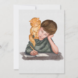 Junge schreiben, Katze auf Schulter, handgefertigt Feiertagskarte