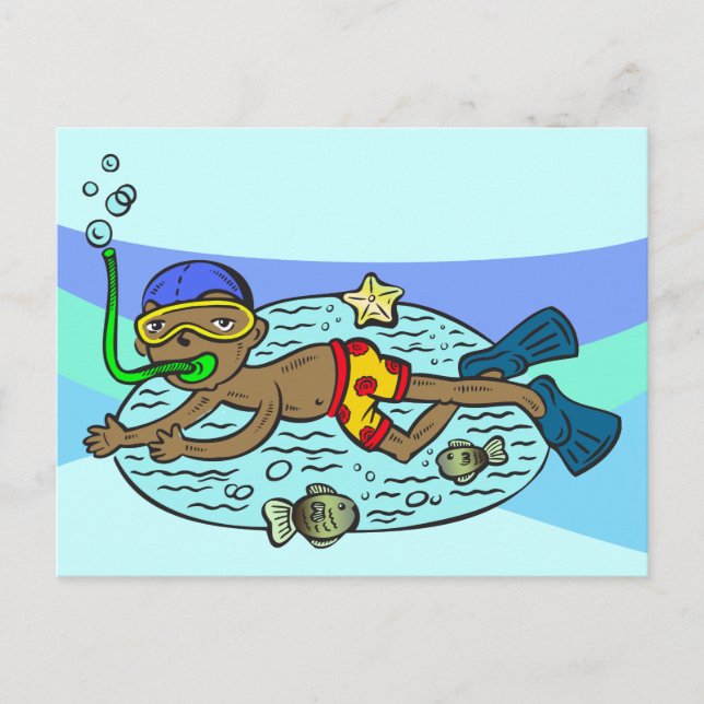 Junge schwimmt mit Fisch Postkarte (Vorderseite)