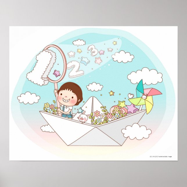 Junge sitzt im Papierboot Poster (Vorne)