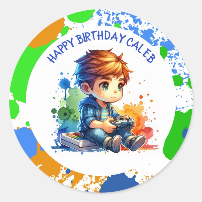 Junge Spiele Personalisiert Geburtstag Runder Aufkleber (Vorderseite)