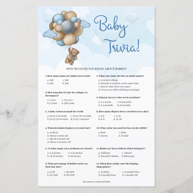 Junge Teddy Bär blaubraune Ballons Baby Trivia (Vorderseite)