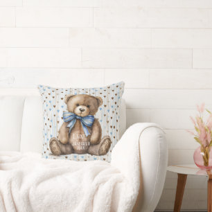 Junge Teddybär auf Blau Braun Herzen Kissen