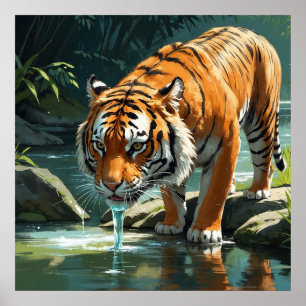 Junge Tiger genießen Wasser im Fluss Malerei Poster