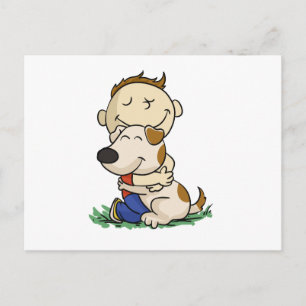 Junge umarmt liebend seinen Hund   Farbe wählen Postkarte