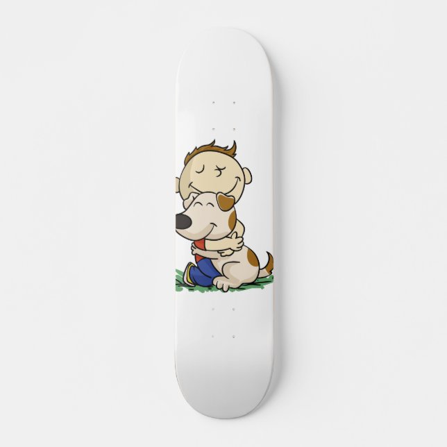 Junge umarmt liebend seinen Hund | Farbe wählen Skateboard (Vorne)