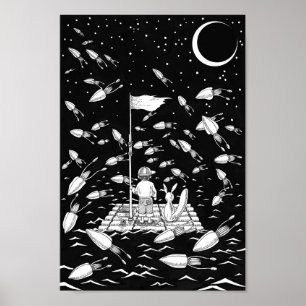 Junge und Fuchs treiben auf einem Floß. Poster