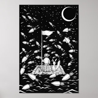Junge und Fuchs treiben auf einem Floß. Poster