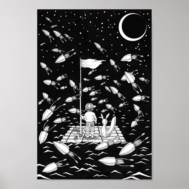 Junge und Fuchs treiben auf einem Floß. Poster (Vorne)