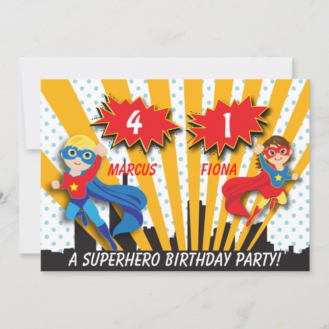 Junge und Girl Superheld zum Geburtstag Einladung (Vorderseite)