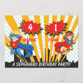 Junge und Girl Superheld zum Geburtstag Einladung