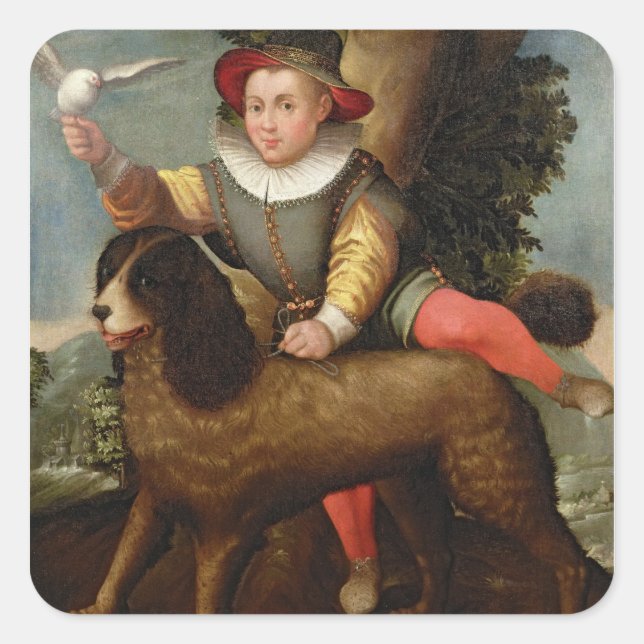 Junge und Hund, Bibius Vincit Quadratischer Aufkleber (Vorderseite)