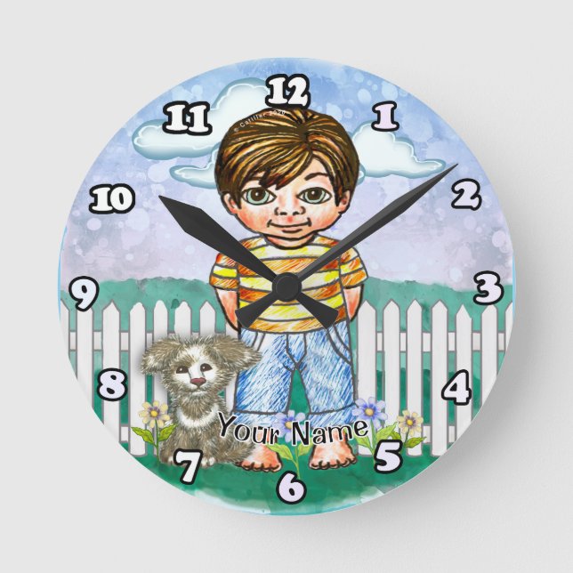 Junge und Hund  Runde Wanduhr (Vorderseite)