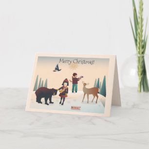 💕 Junge und Mädchen im Wald mit Tieren Weihnachte Karte