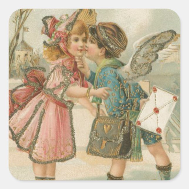 Junge und Mädchen in rosa Valentine Quadratischer Aufkleber (Vorderseite)