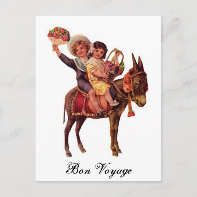 Junge und Mädchen reiten einen Donkey, Bön Voyage Postkarte (Vorderseite)
