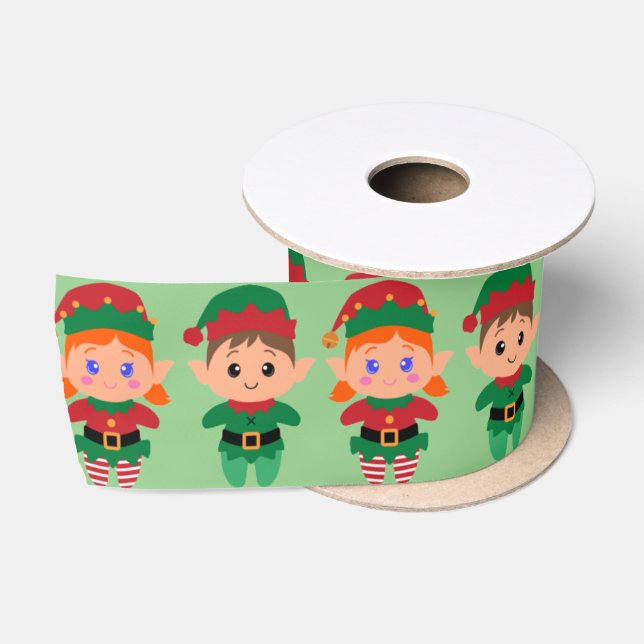Junge und Mädchen Weihnachtselfen Grün Satinband (Spule)