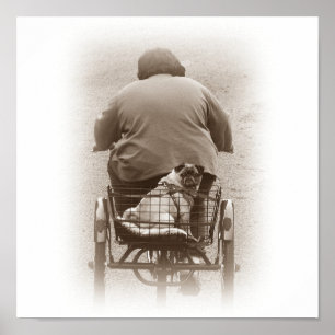 Junge und Mops-Hund, der für einen Fahrdruck geht Poster