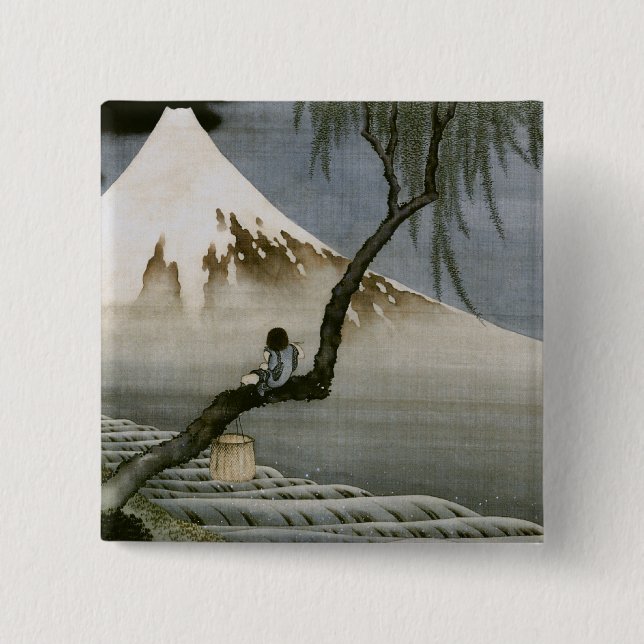 Junge und Mount Fuji Hokusai japanische Fine Art Button (Vorderseite)