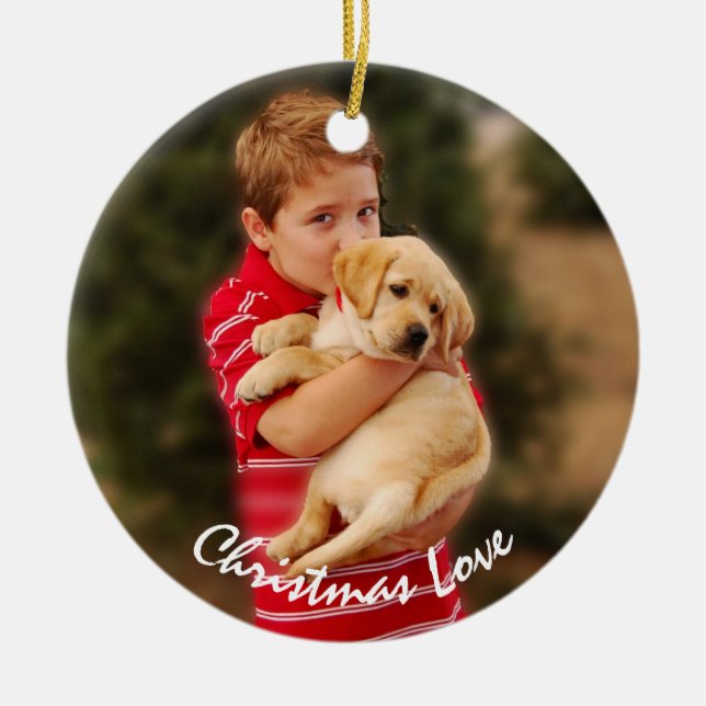Junge und neue Welpe zu Weihnachten Keramik Ornament (Vorne)