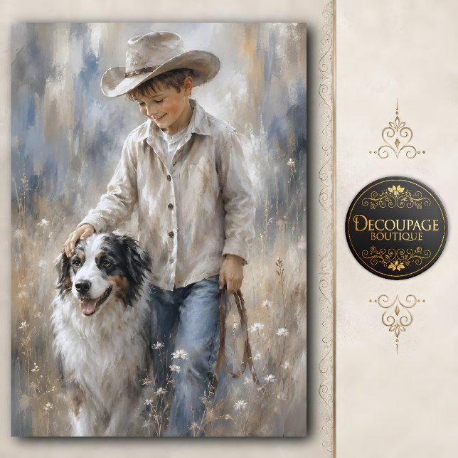 Junge und Ranchhund-Decoupage Seidenpapier (Boy and Ranch Dog Decoupage Tissue Paper)