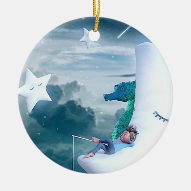 Junge und Seepferde Fischen auf dem Mond Keramik Ornament (Vorne)