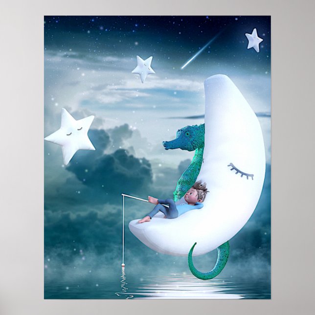 Junge und Seepferde Fischen auf dem Mond Poster (Vorne)